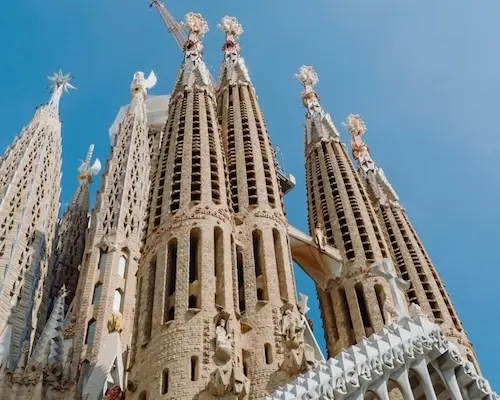 Sagrada familia view looking up with blue sky